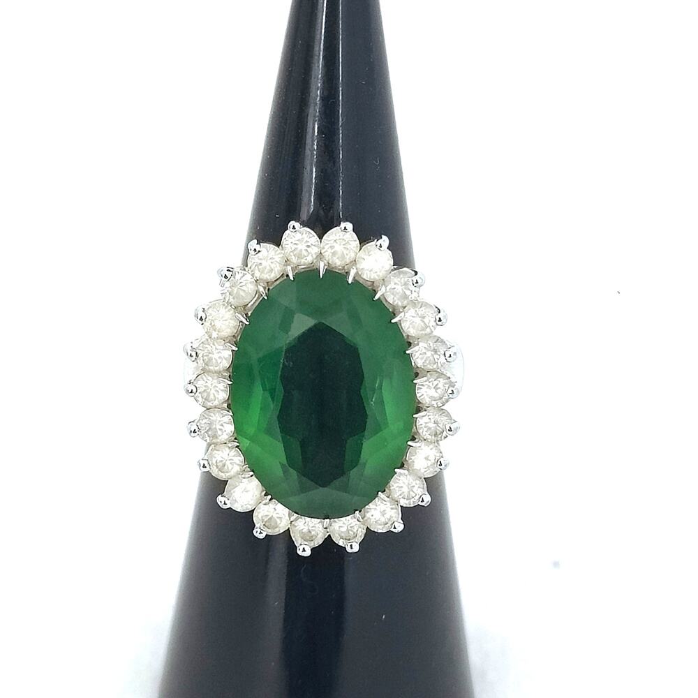 Sterling Silver Emerald Green Oval Sunburst White Rhinestone Ring Size 5.25